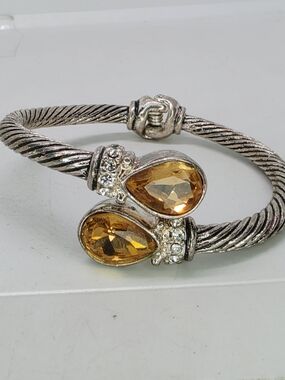 Twisted Cable Silver Tone Cuff Bracelet Bypass Simulated Citrine Crystal Bangle